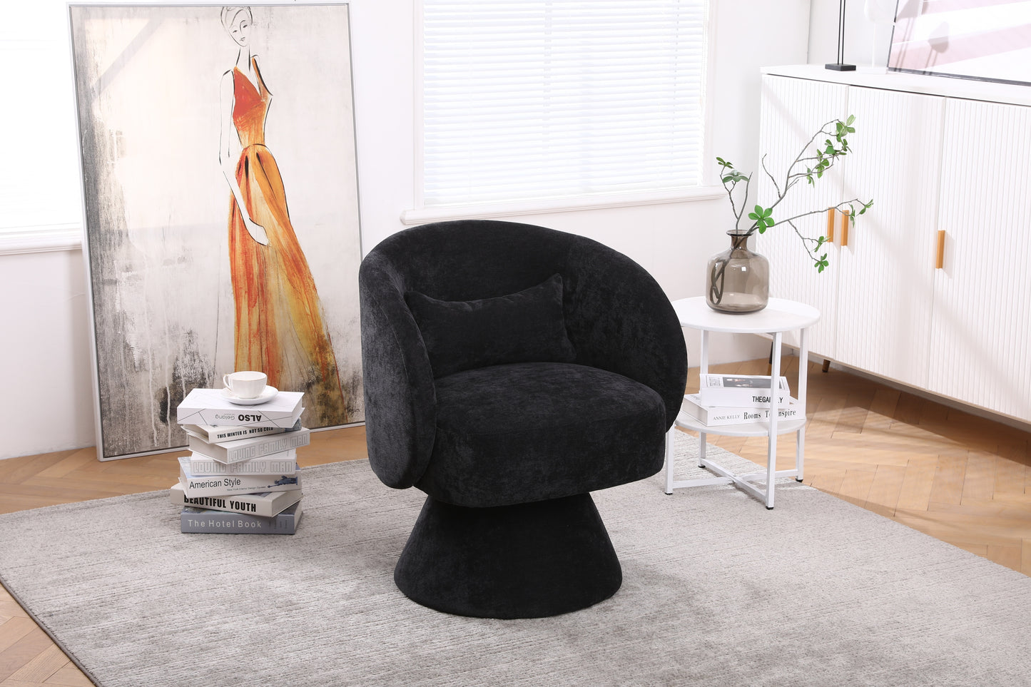 Swivel Accent Chair with a round barrel design for living rooms and bedrooms - Black