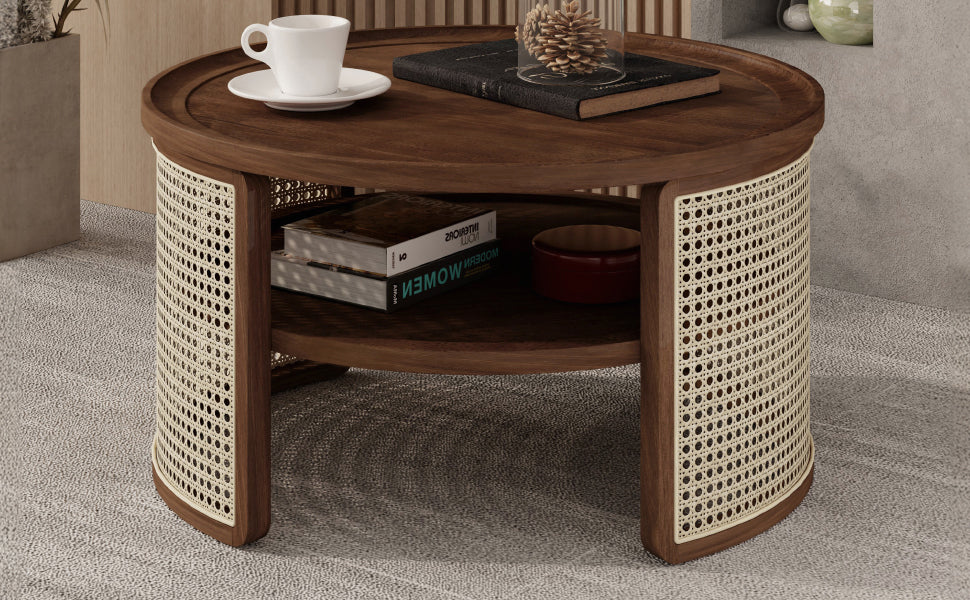 2-Tier Walnut Coffee Table with Rattan Base