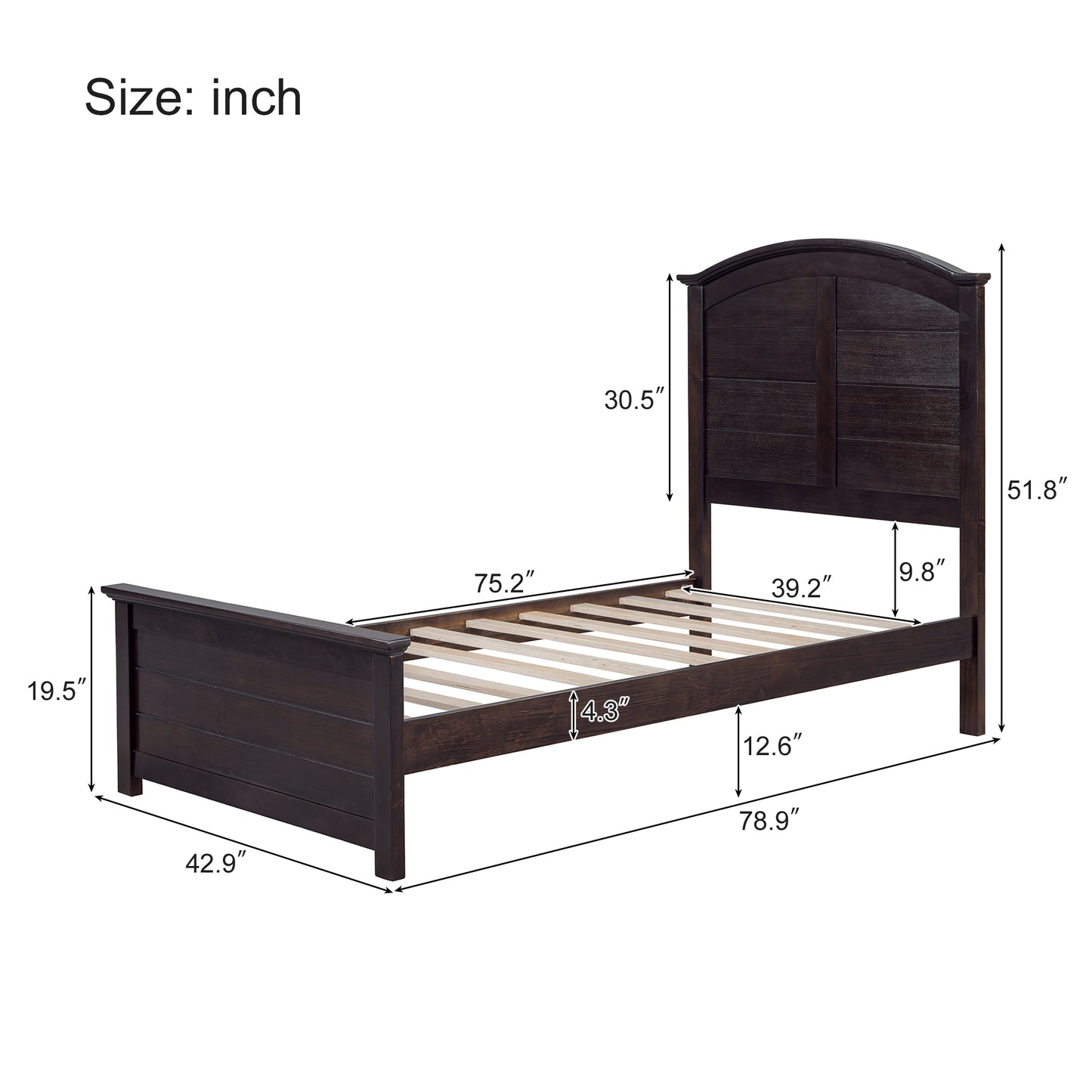 Farmhouse twin platform bed with curl design, espresso