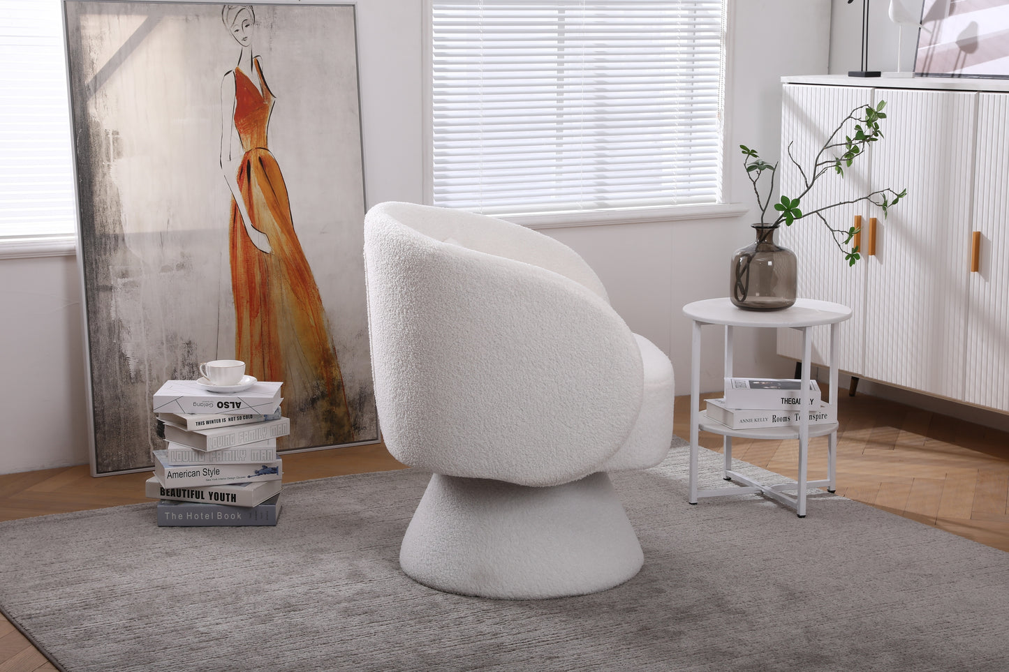 Swivel Accent Chair with a round barrel design for living rooms and bedrooms - White