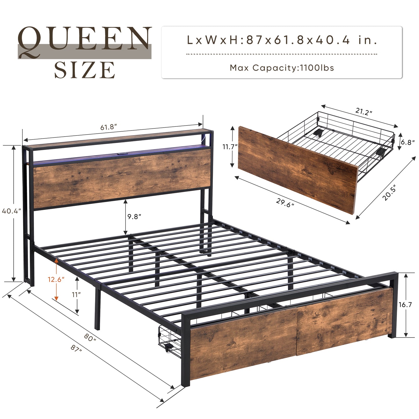 Queen bed frame with storage headboard, drawers, and LED lights