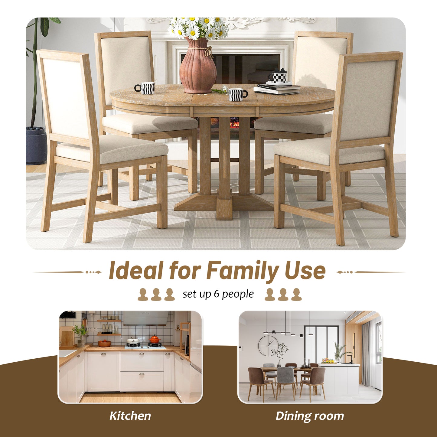 5-piece farmhouse dining set with extendable round table, natural wood wash, upholstered chairs