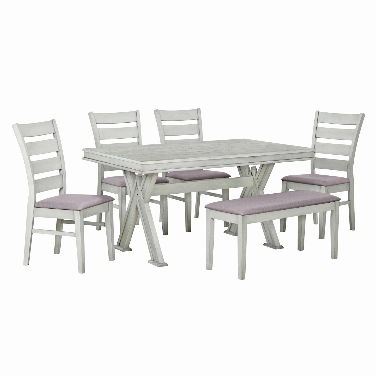 6-piece retro dining set with unique legs, white table, upholstered chairs, and bench