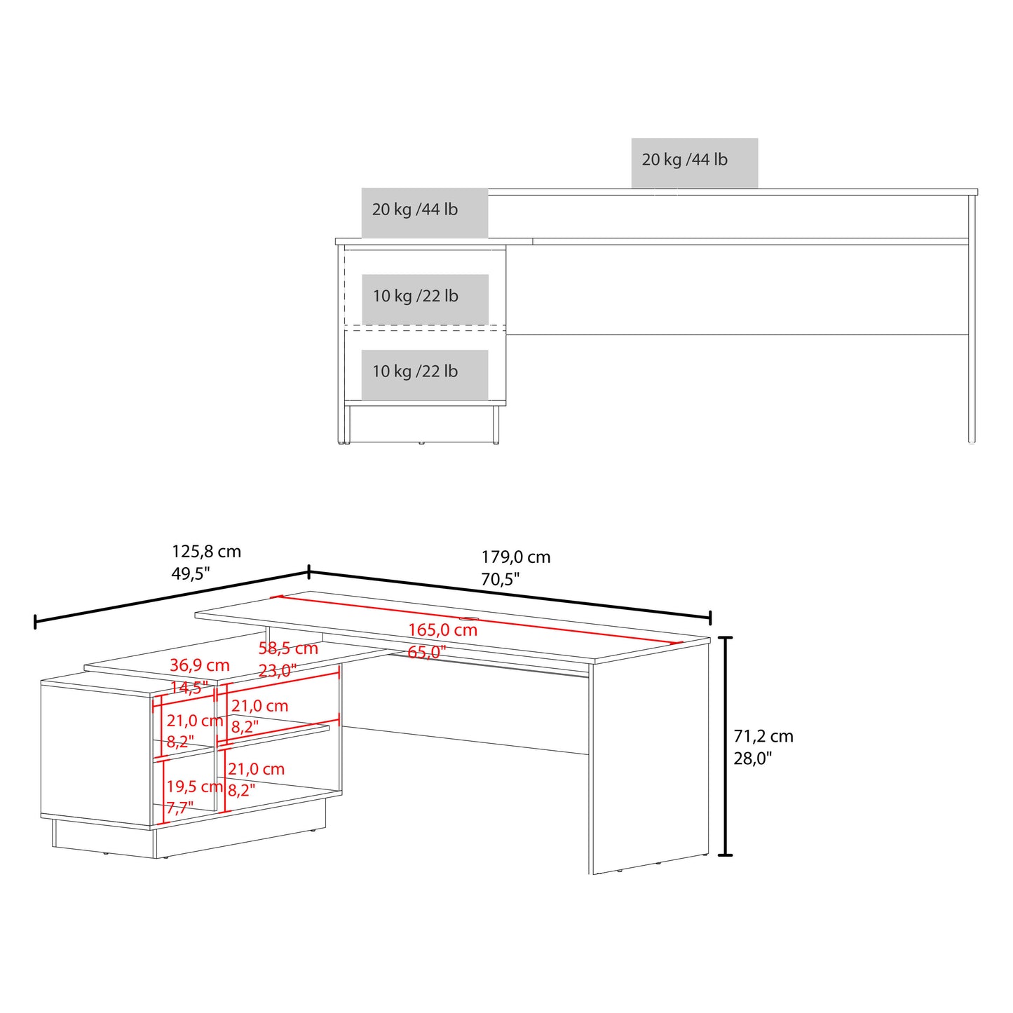 70" L-Shaped Desk with Cabinet and Open Shelves