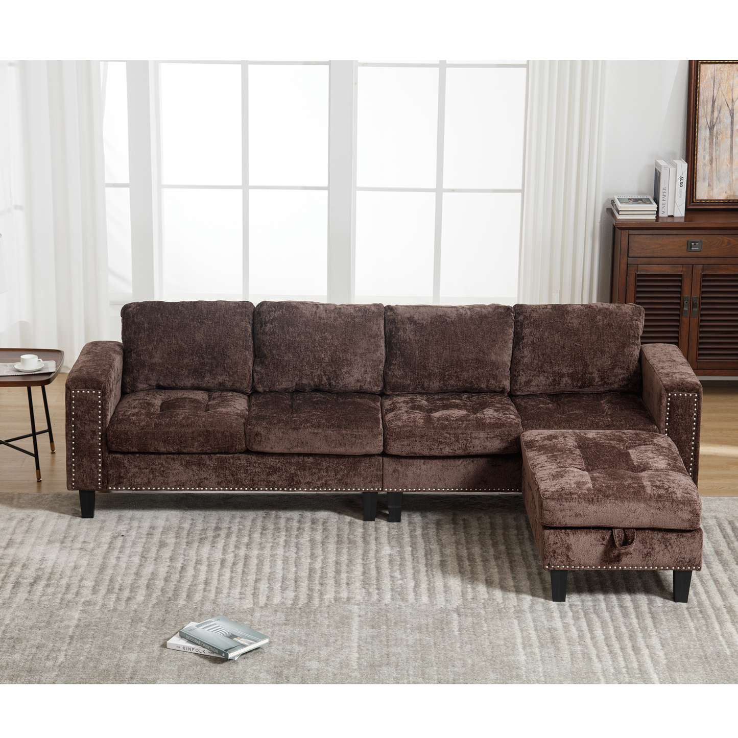 5-Seat Modular Sofa with Storage Ottoman, Reversible Chaise, Chenille, Brown