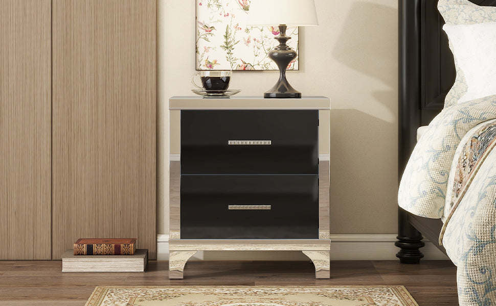 Elegant high gloss nightstand with 2 drawers, mirrored, black