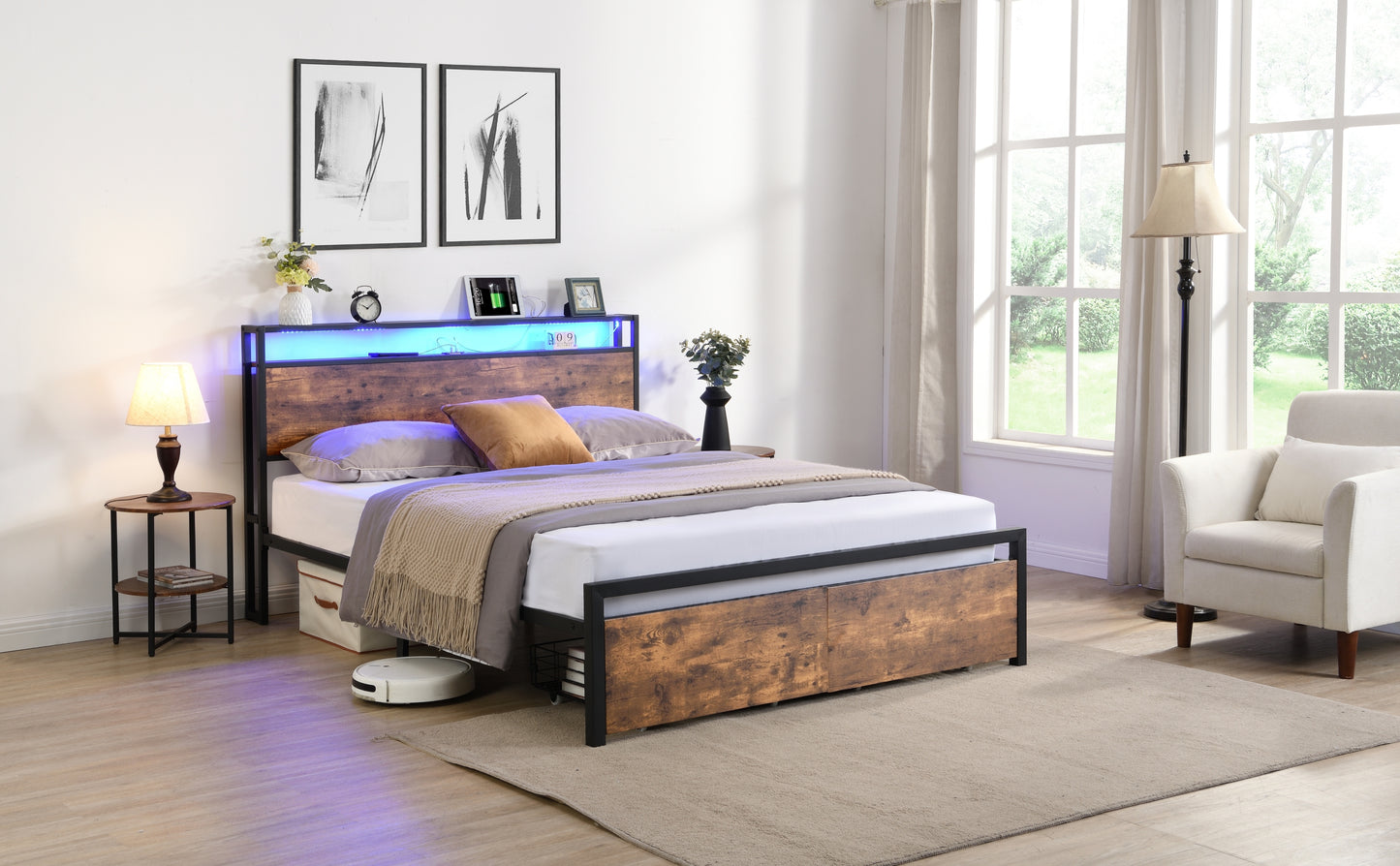 Queen bed frame with storage headboard, drawers, and LED lights