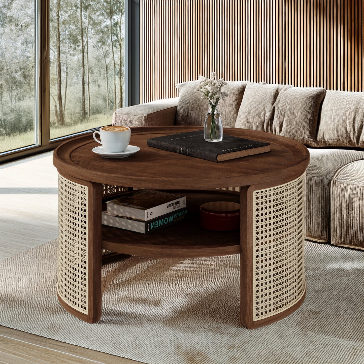 2-Tier Walnut Coffee Table with Rattan Base