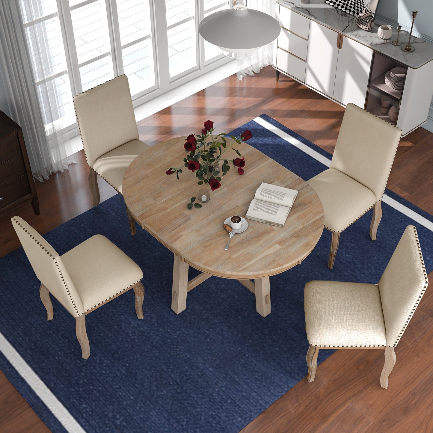 5-piece farmhouse round extendable dining set, natural wood wash, upholstered chairs