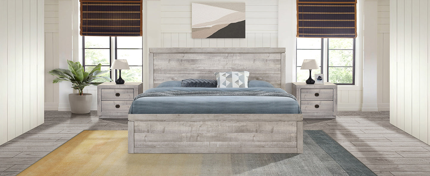 Vintage farmhouse king platform bed with wooden slats, rustic white