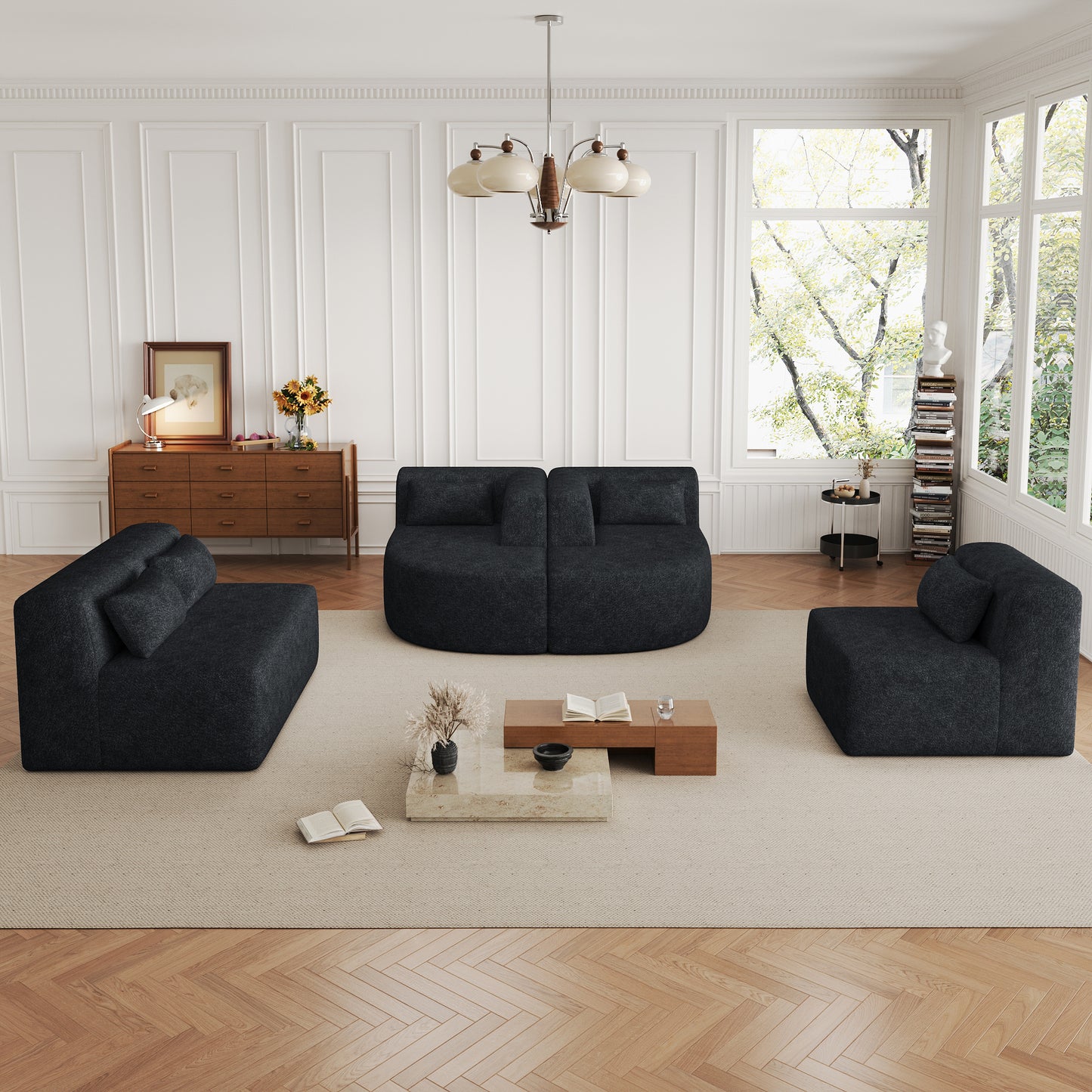 143.7 Upholstered Sofa with Chaise and Back Pillows, Black