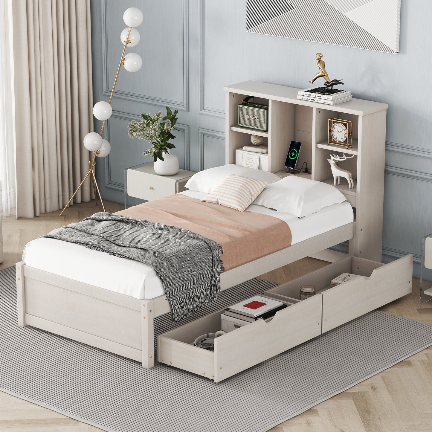 Modern twin bed frame with USB port, bookcase headboard, and drawers, white washed