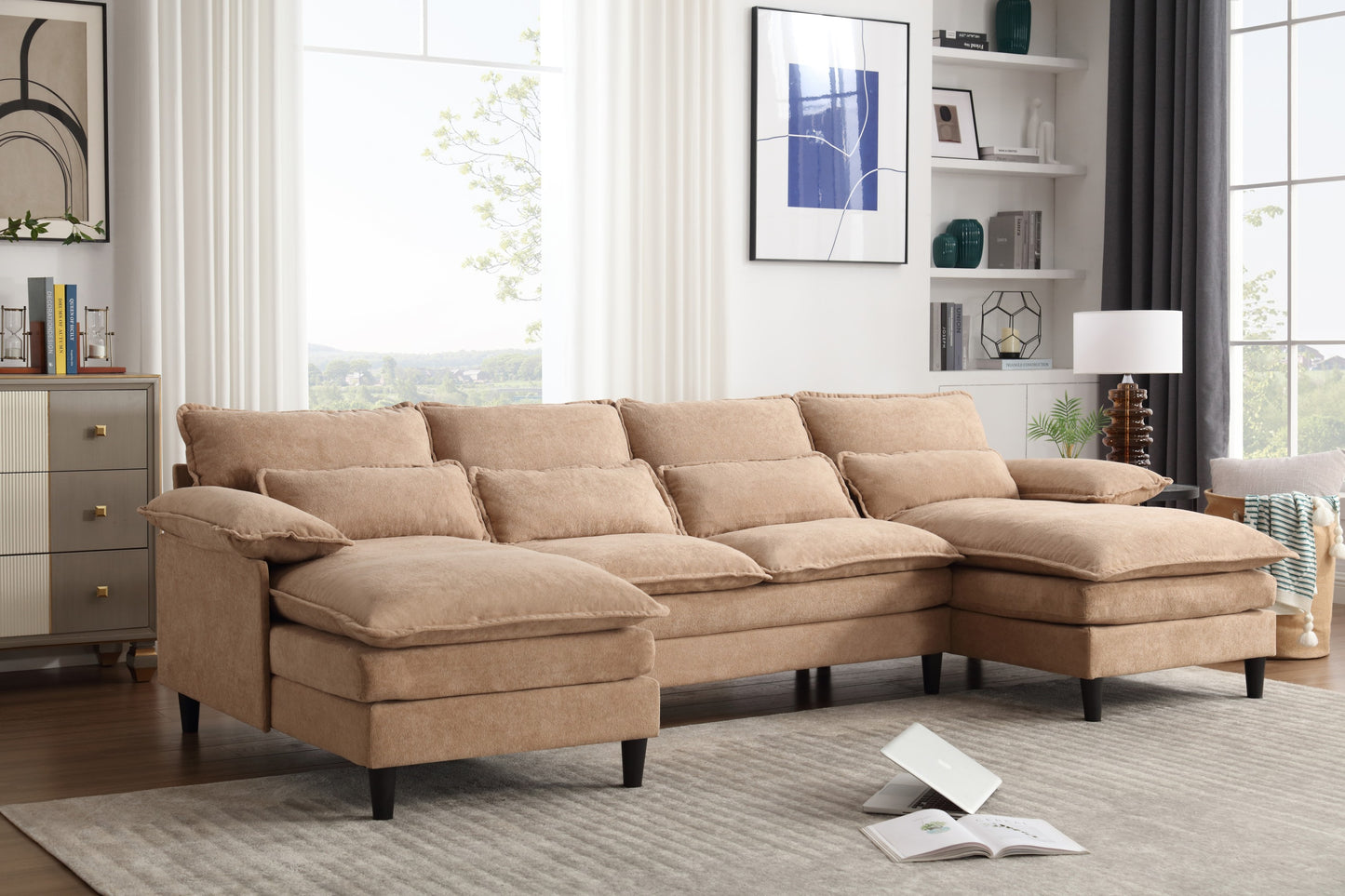 U-Shaped Modular Sectional Sofa with Chaise, 4 Seater, Terrycloth, Brown