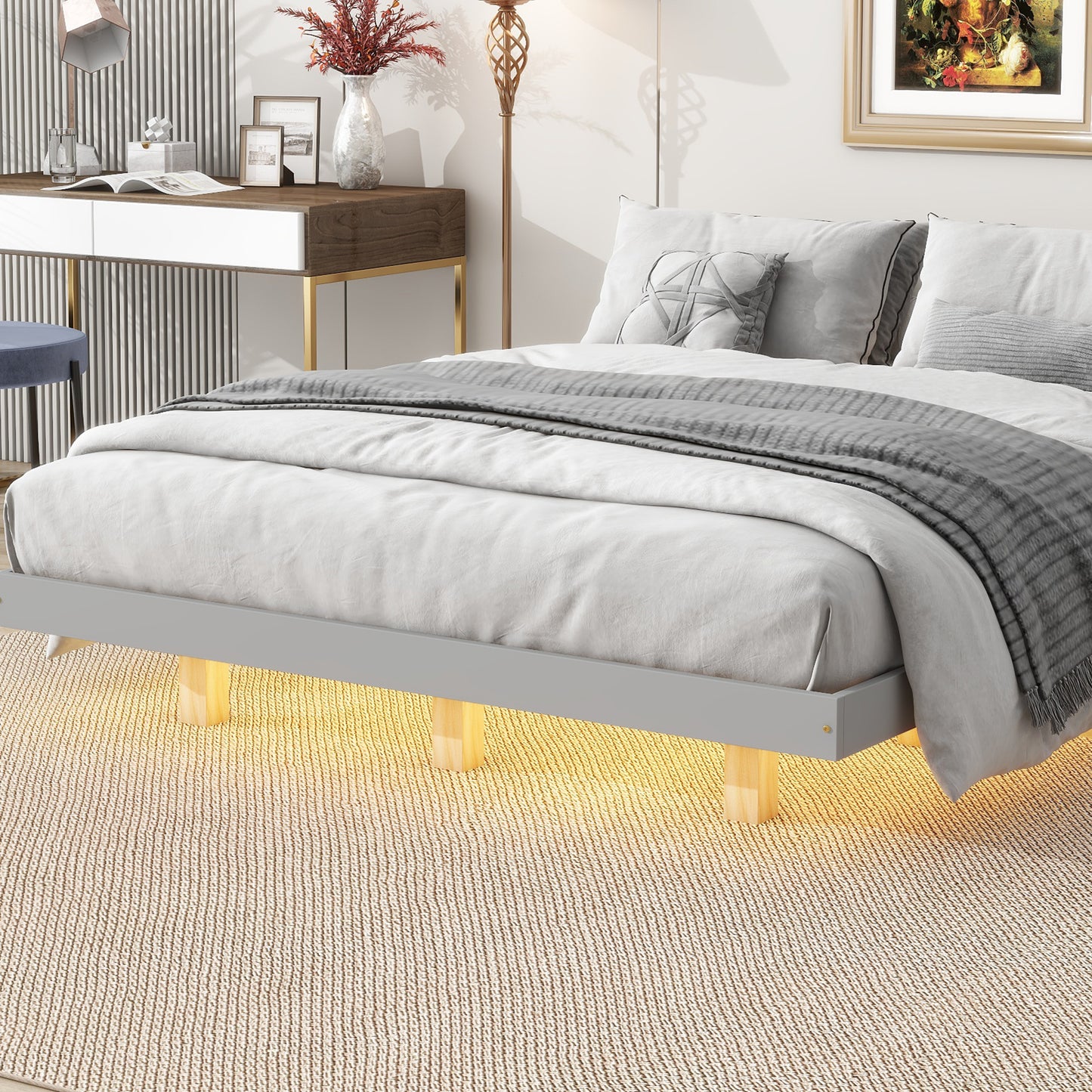 Queen floating bed with LED lights, modern low profile, gray