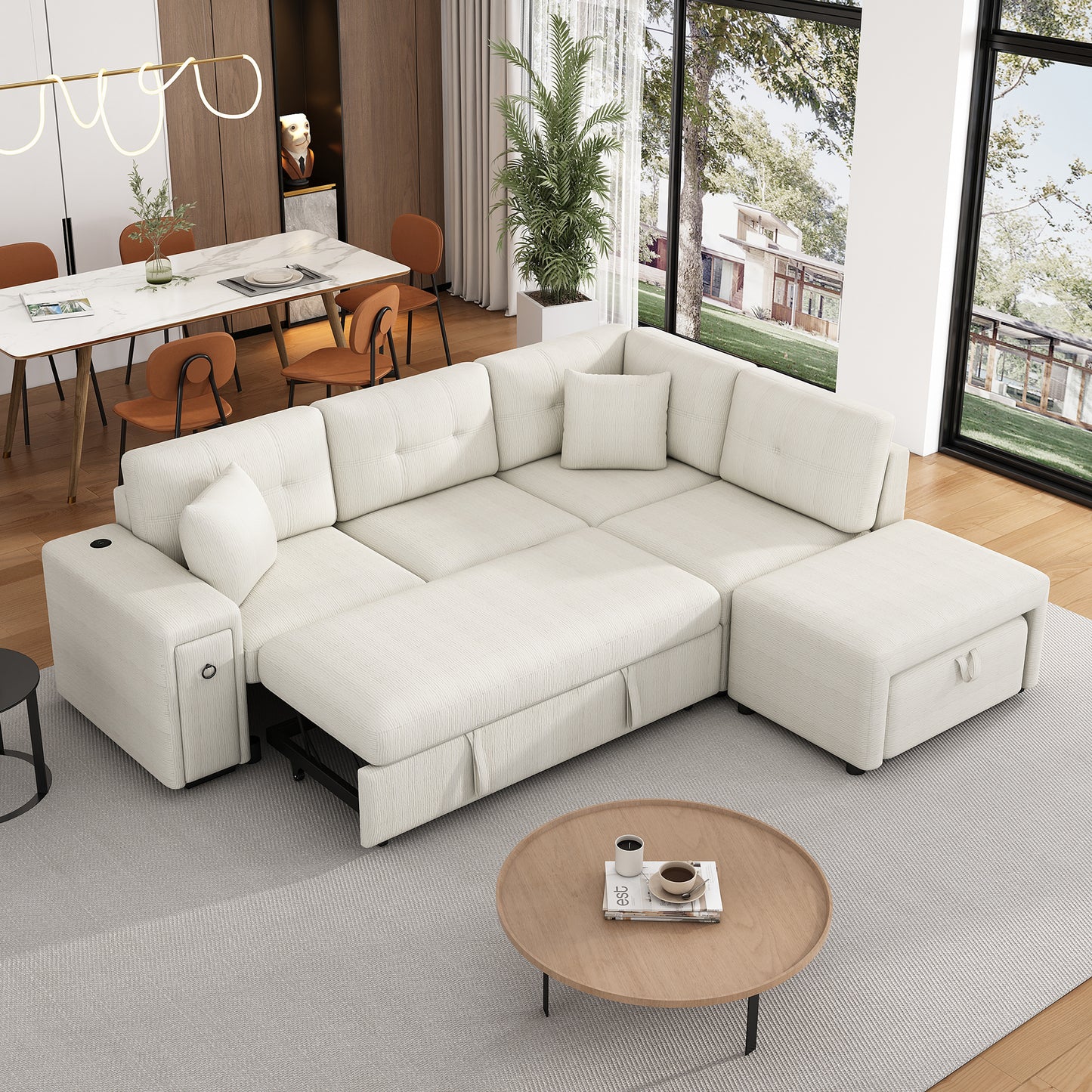 86.6 L-Shaped Sofa Bed with Ottoman, USB Ports & Cup Holders, Beige