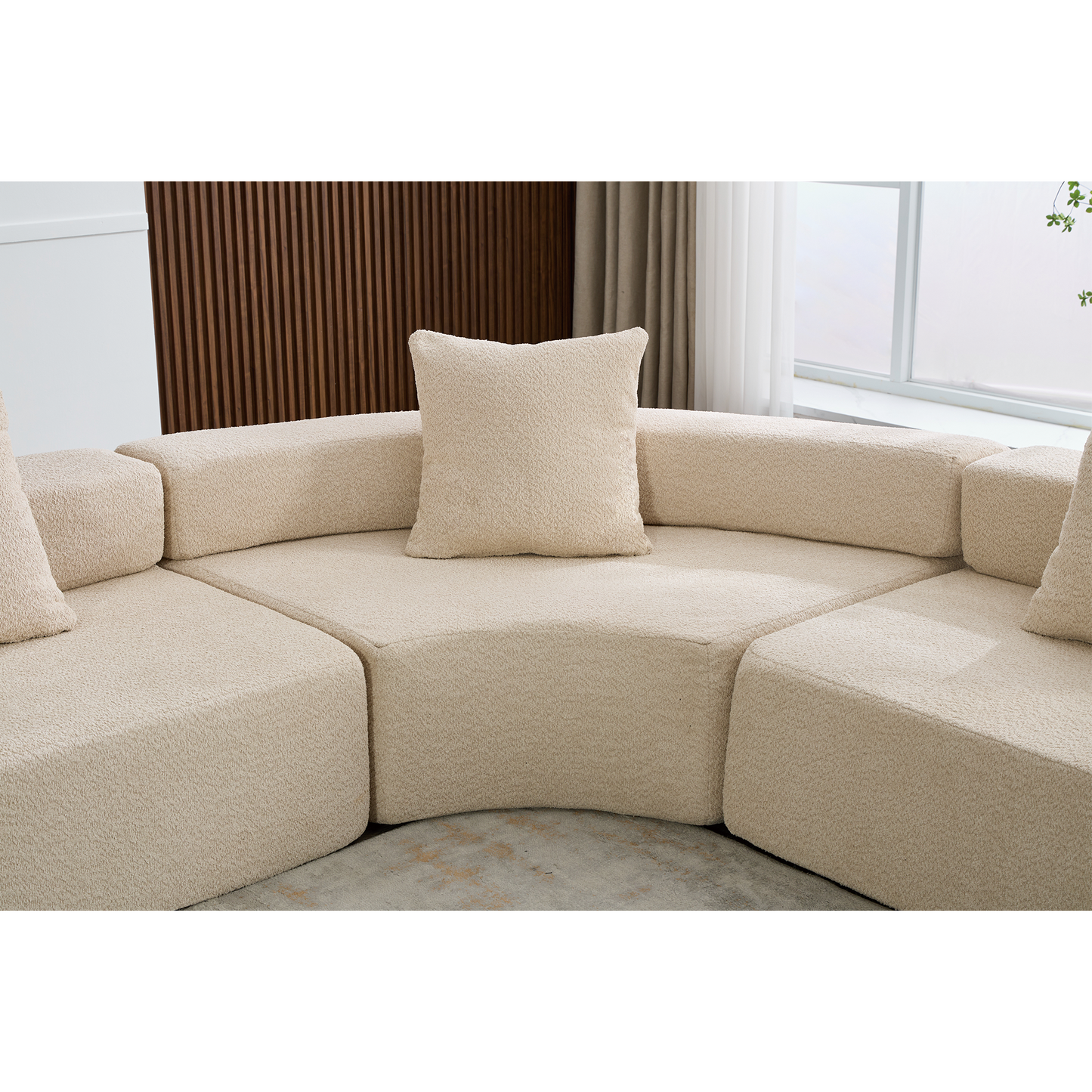 Oversized Curved 4-Seater Modular Sofa, 3-Piece Boucle, Khaki