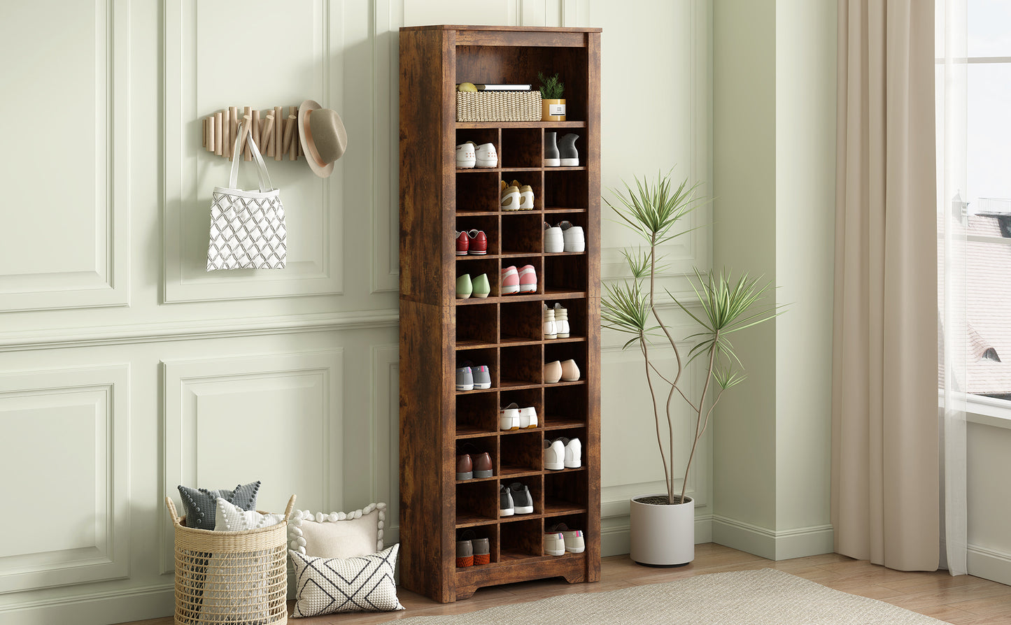 Stylish 30-cubby shoe cabinet, rustic brown