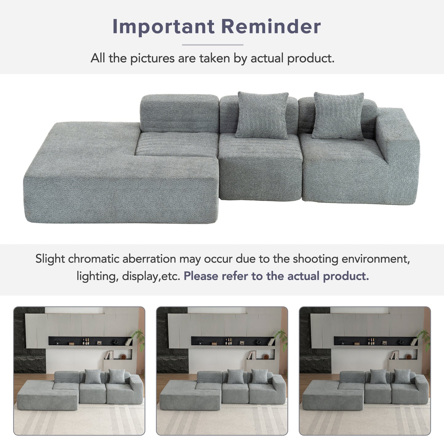 116.5" Sectional Sofa Full-compressed Sofa Couch Free-combined Sofa for Living Room, Grey