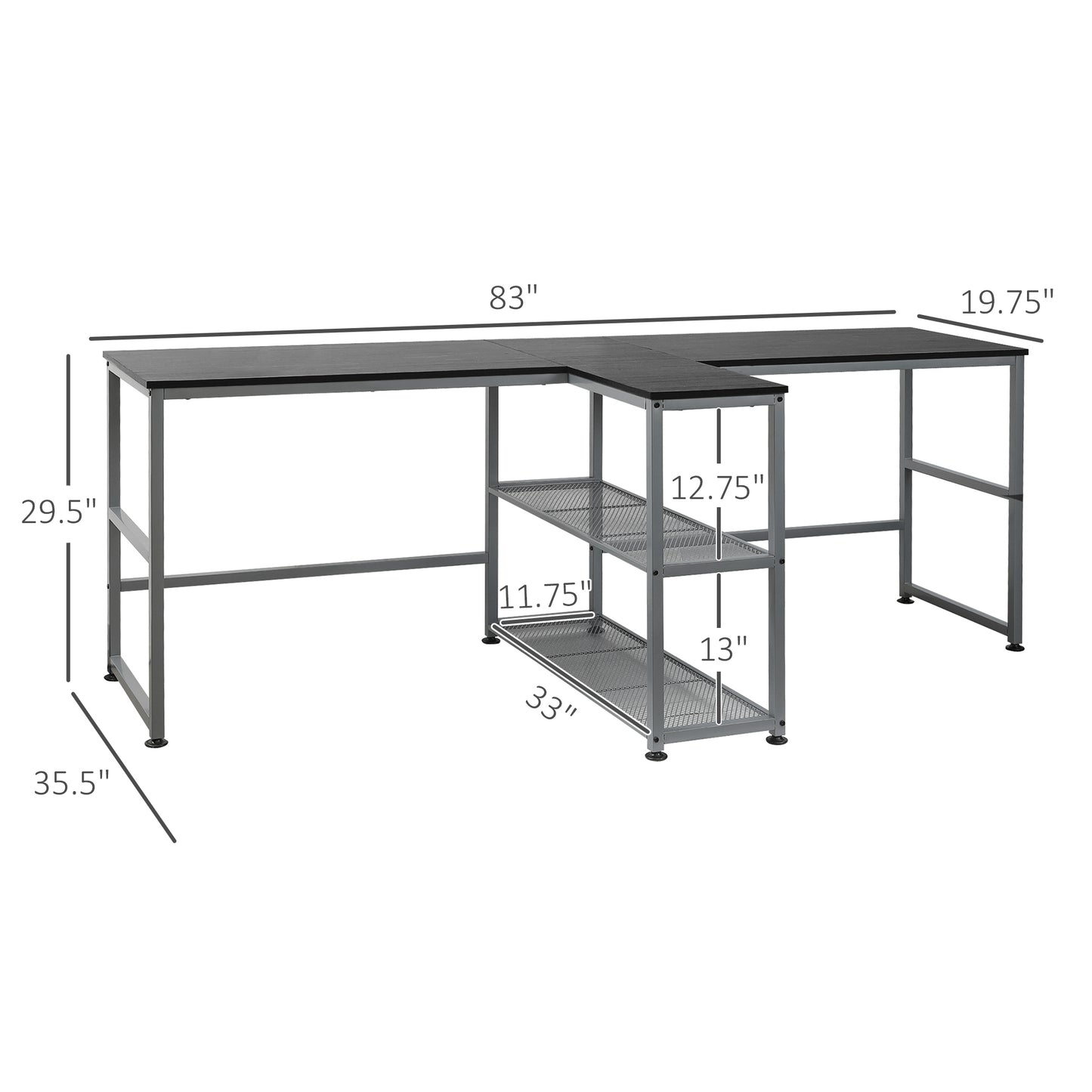 83" Two-Person Black Desk with Shelves, Double Workstation