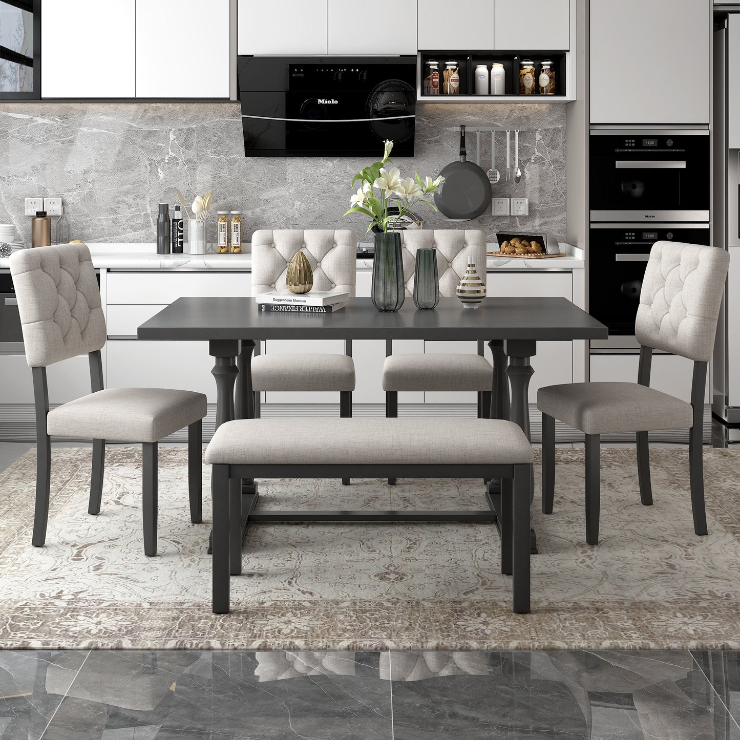 6-piece dining set with special-shaped legs and cushioned seats, gray