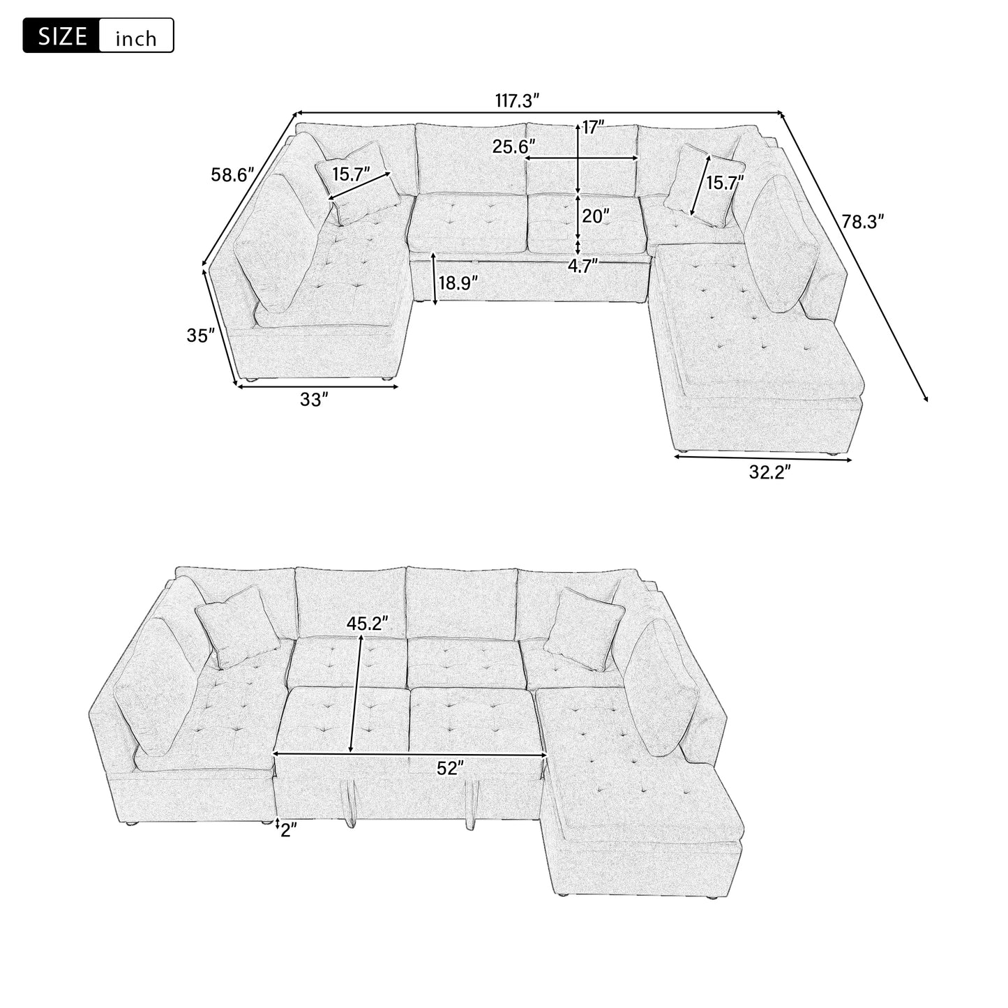 117.3 U-Shaped Sofa Bed with Pillows, Gray