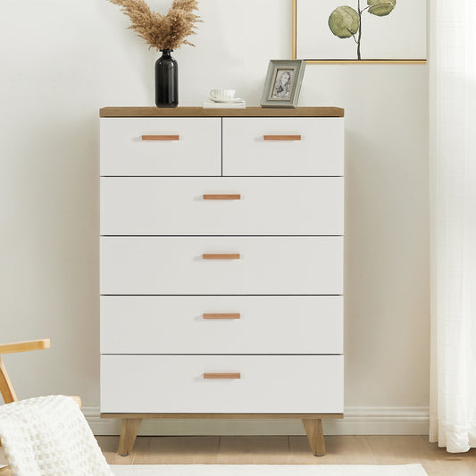 Drawer dresser and sideboard storage cabinet with solid wood handles and legs, brown and white