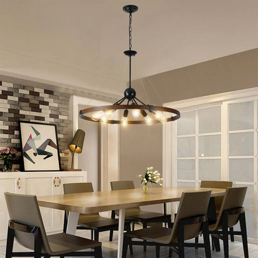 8-Light Red and Walnut Farmhouse Chandelier, Retro Style