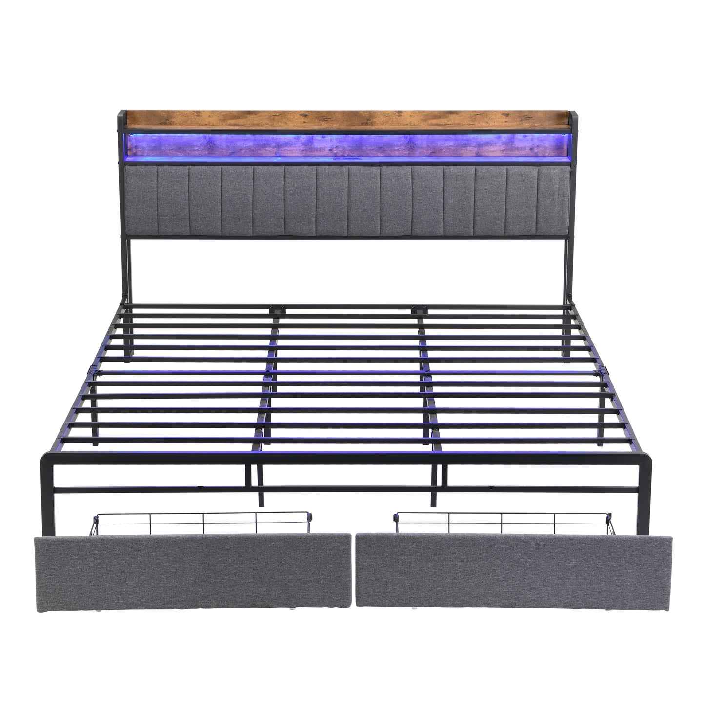 King bed frame with storage headboard, drawers, and LED lights, gray