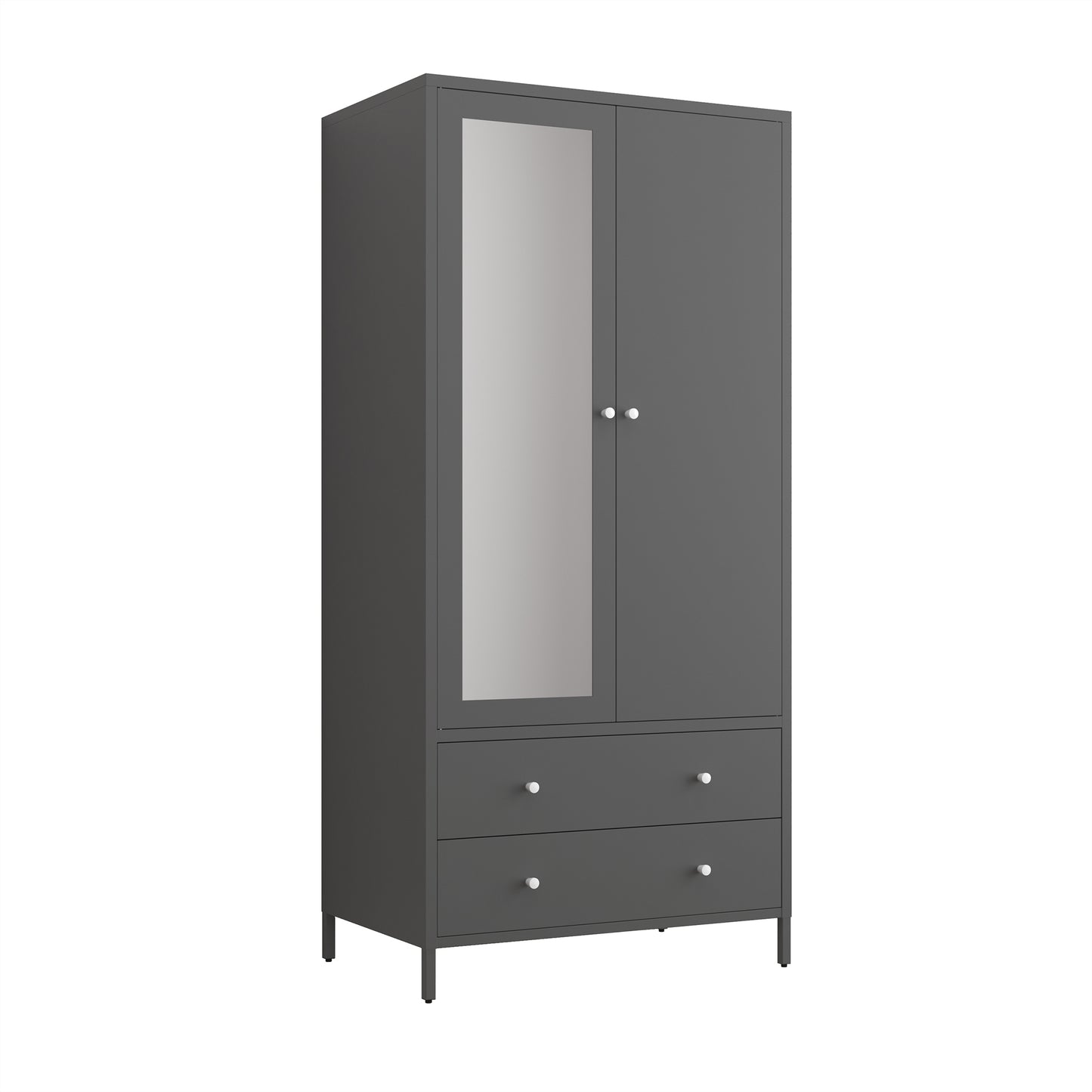 Metal dresser armoire wardrobe with mirror door, 2 drawers, and hanging rod, dark gray