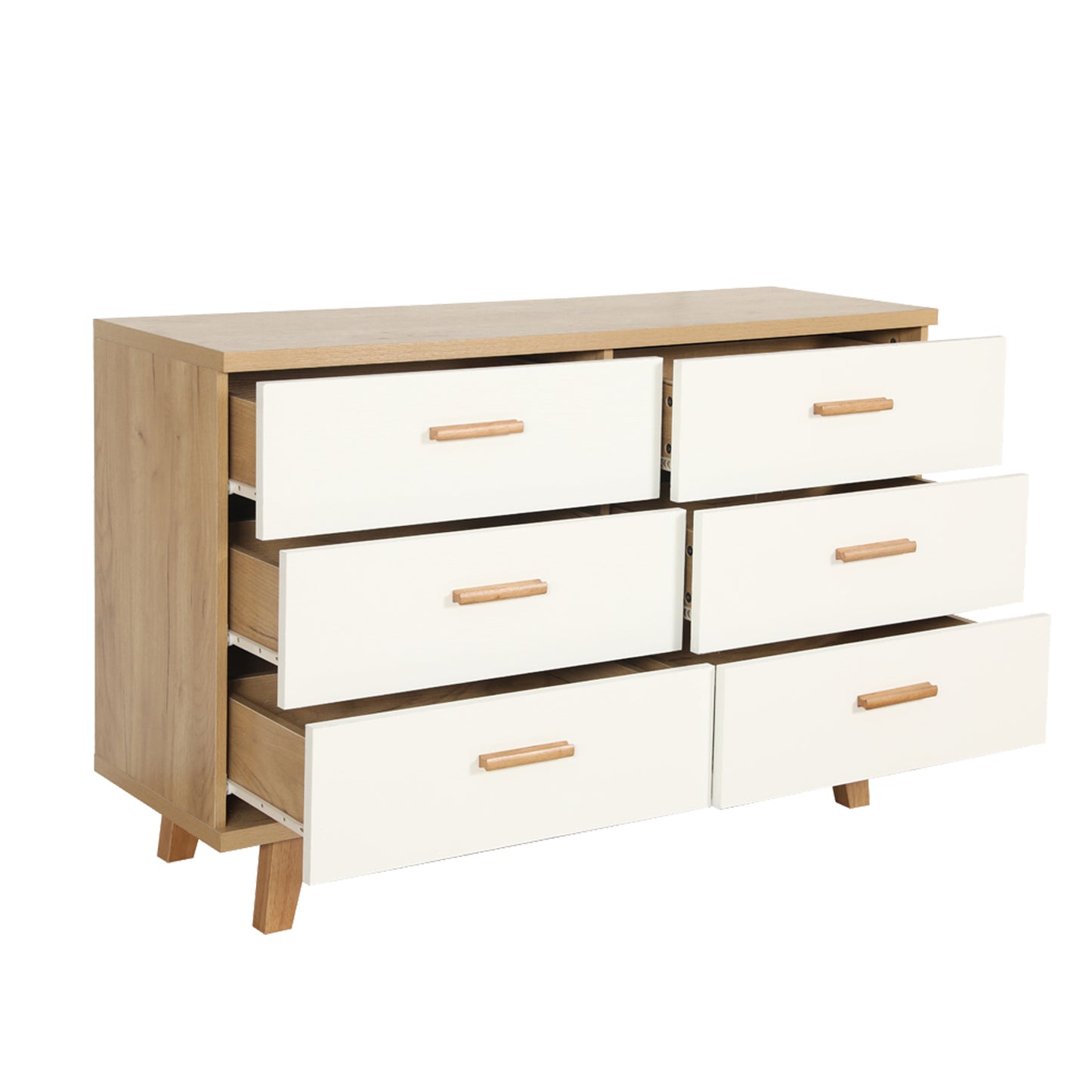 Drawer dresser and sideboard storage cabinet with solid wood handles and legs, brown and white