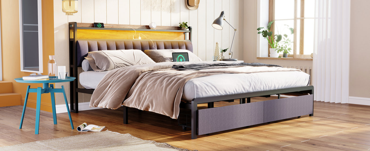 King bed frame with storage headboard, drawers, and LED lights, gray