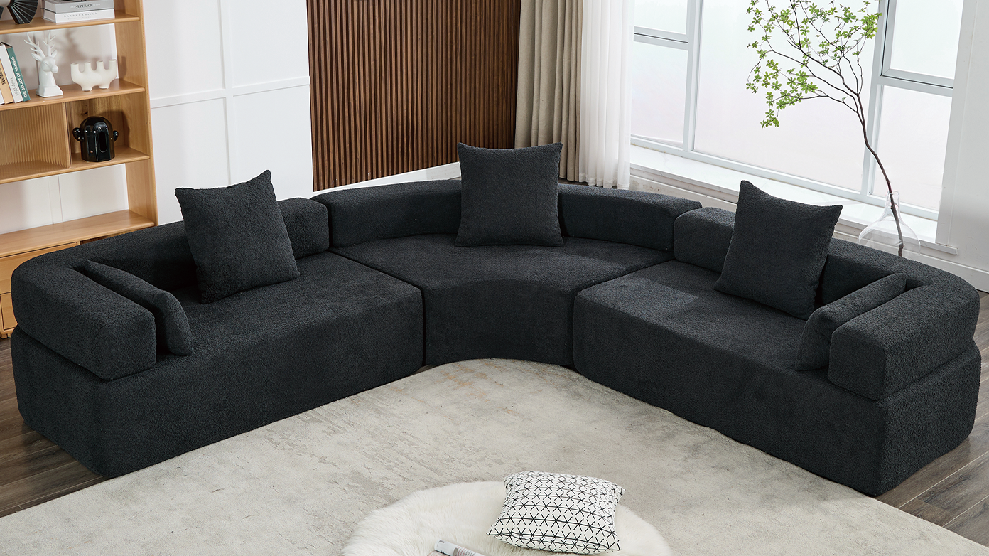 Oversized Curved 4-Seater Modular Sofa, 3-Piece Boucle, Black