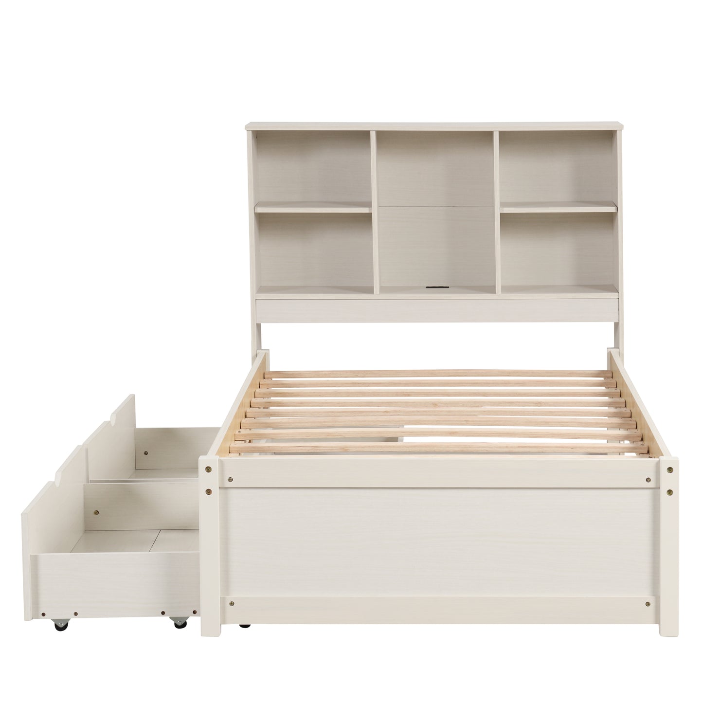 Modern twin bed frame with USB port, bookcase headboard, and drawers, white washed