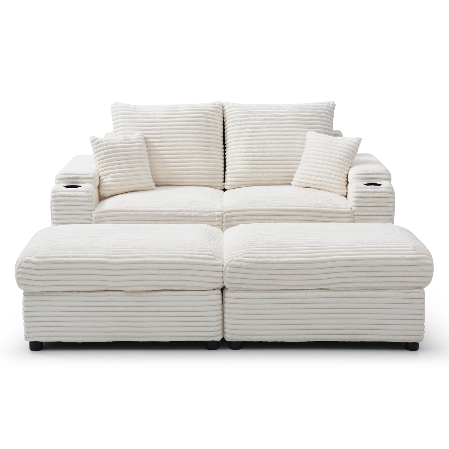 Loveseat with Ottomans, Corduroy Modular Sofa, Deep Plush, Beige