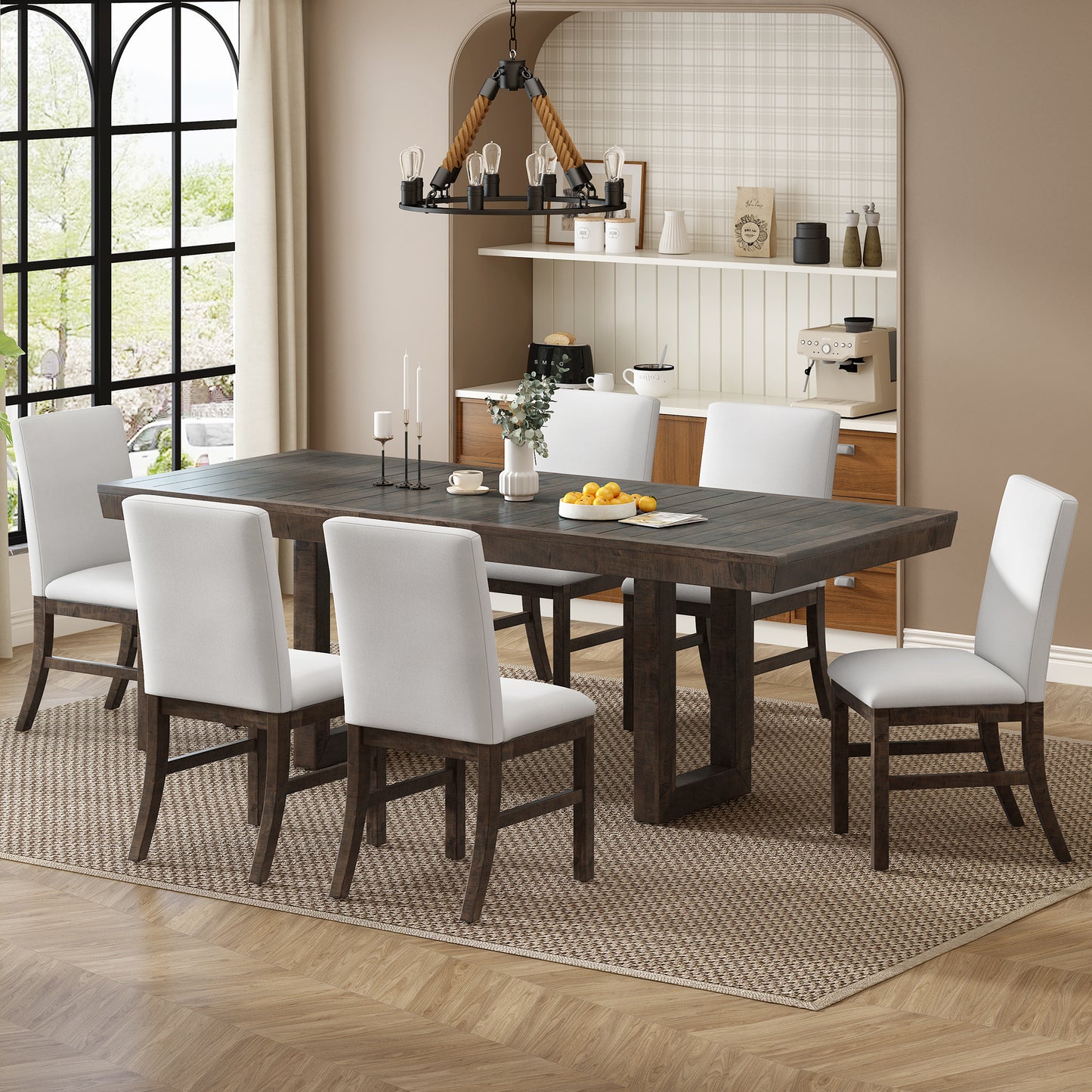 7-piece traditional extendable dining set with butterfly leaf, brown finish