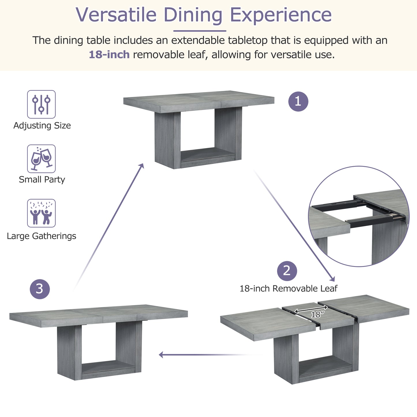 6-piece contemporary extendable dining set with pedestal table and bench, gray