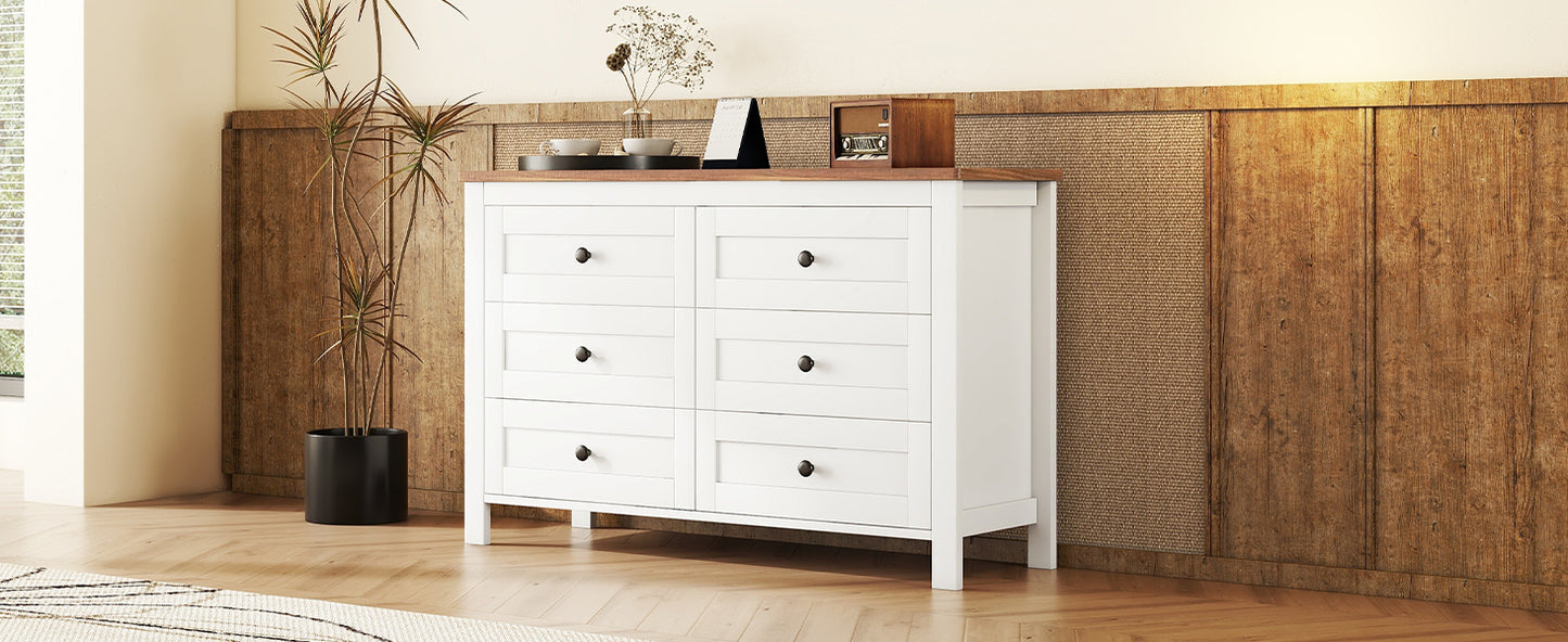 Retro farmhouse dresser with 6 drawers, white and brown