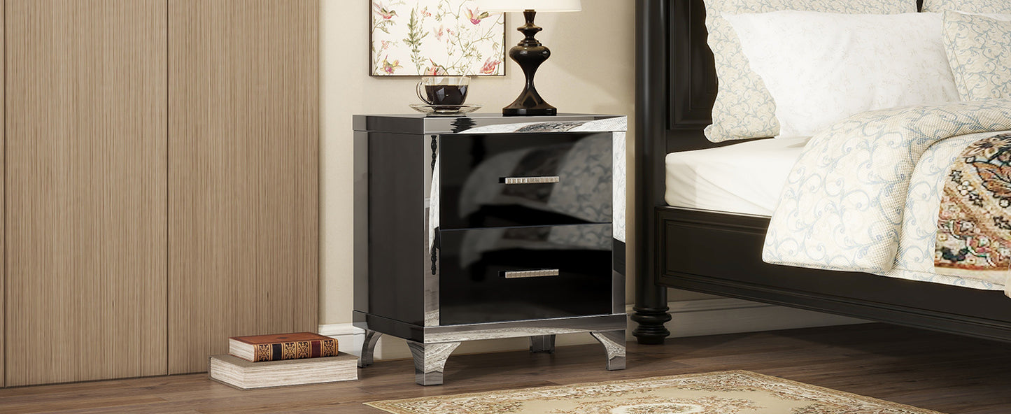 Elegant high gloss nightstand with 2 drawers, mirrored, black