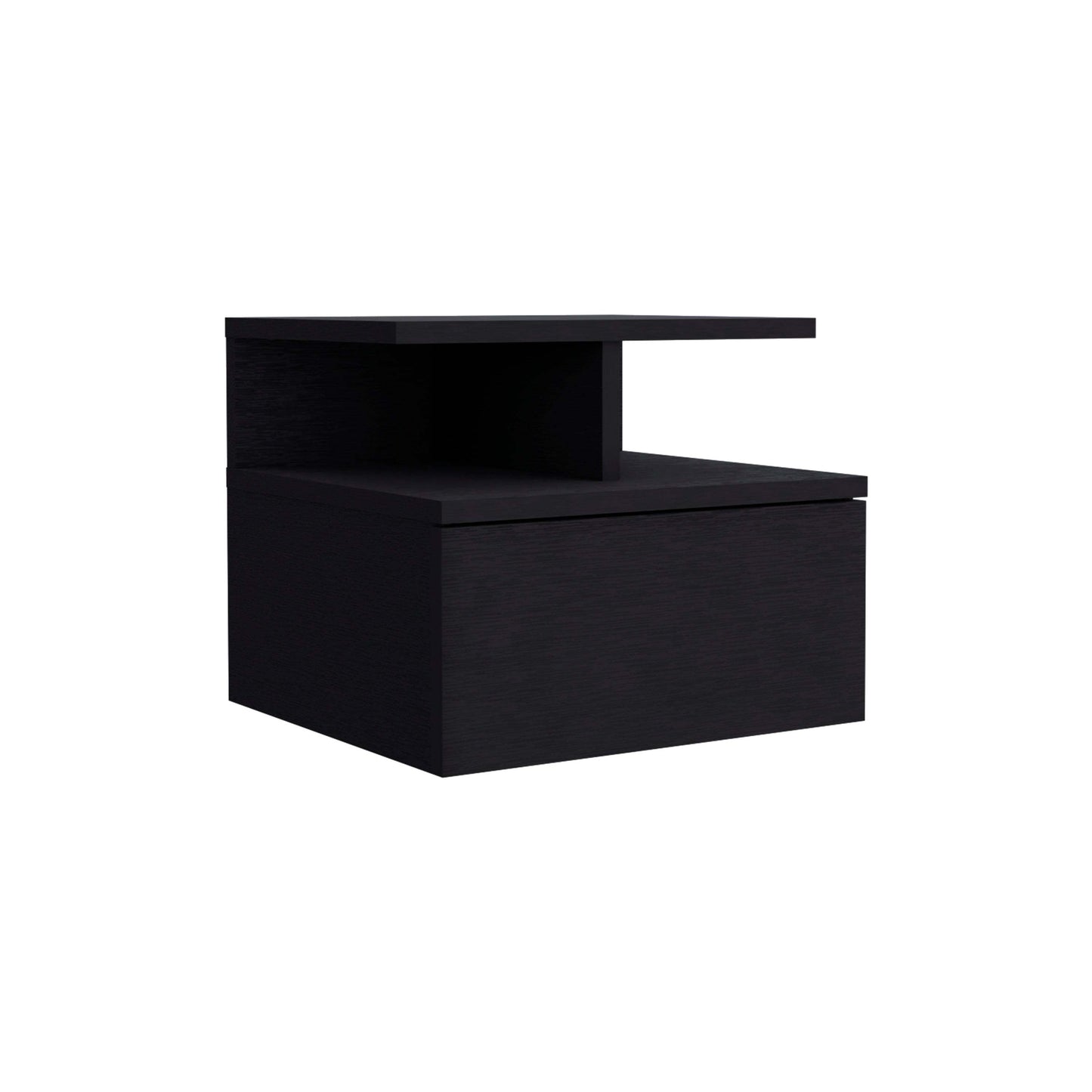 Floating Nightstand 12"H, Wall Mounted with Single Drawer and 2-Tier Shelf, Black