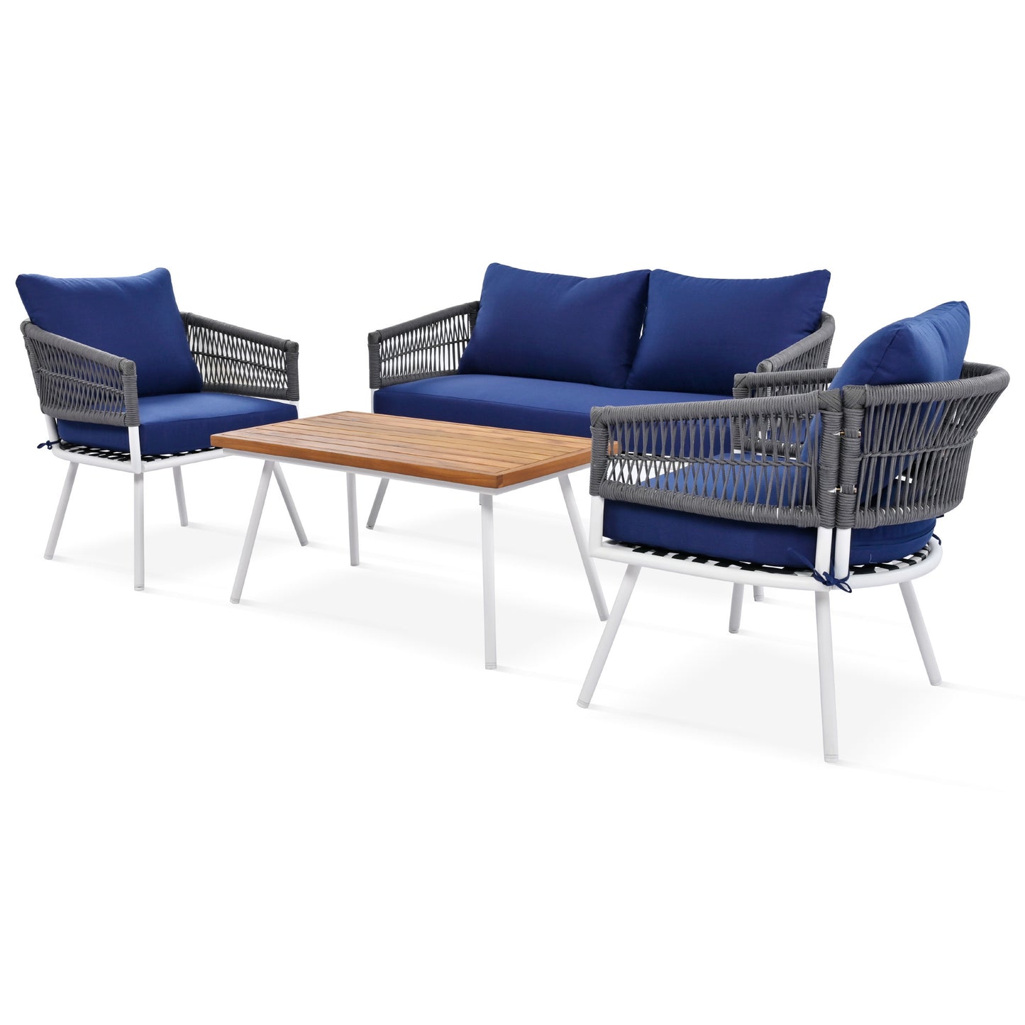 K&K 4-Piece Boho Patio Set with Acacia Wood Table, Navy Blue