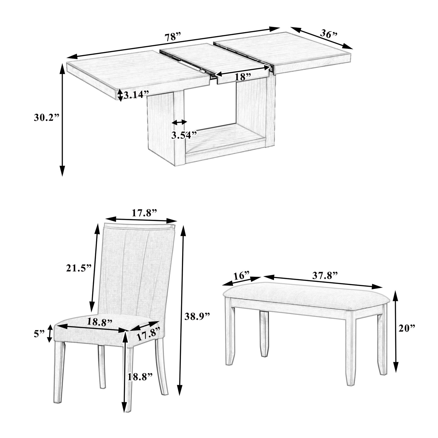 6-piece contemporary extendable dining set with pedestal table and bench, gray