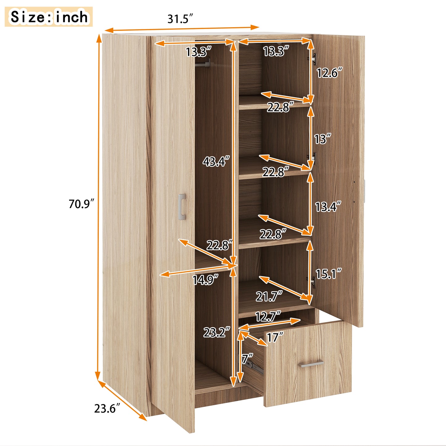 Wooden wardrobe dresser with double doors, hanging rod, 5 shelves, and storage drawer, natural