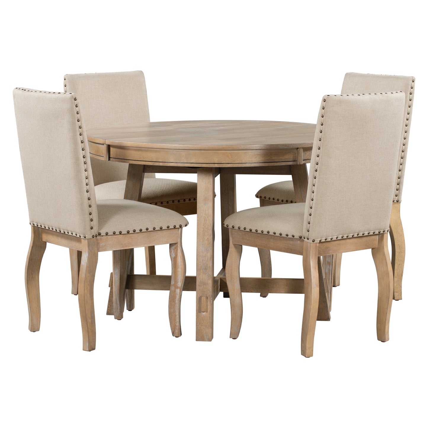 5-piece farmhouse round extendable dining set, natural wood wash, upholstered chairs