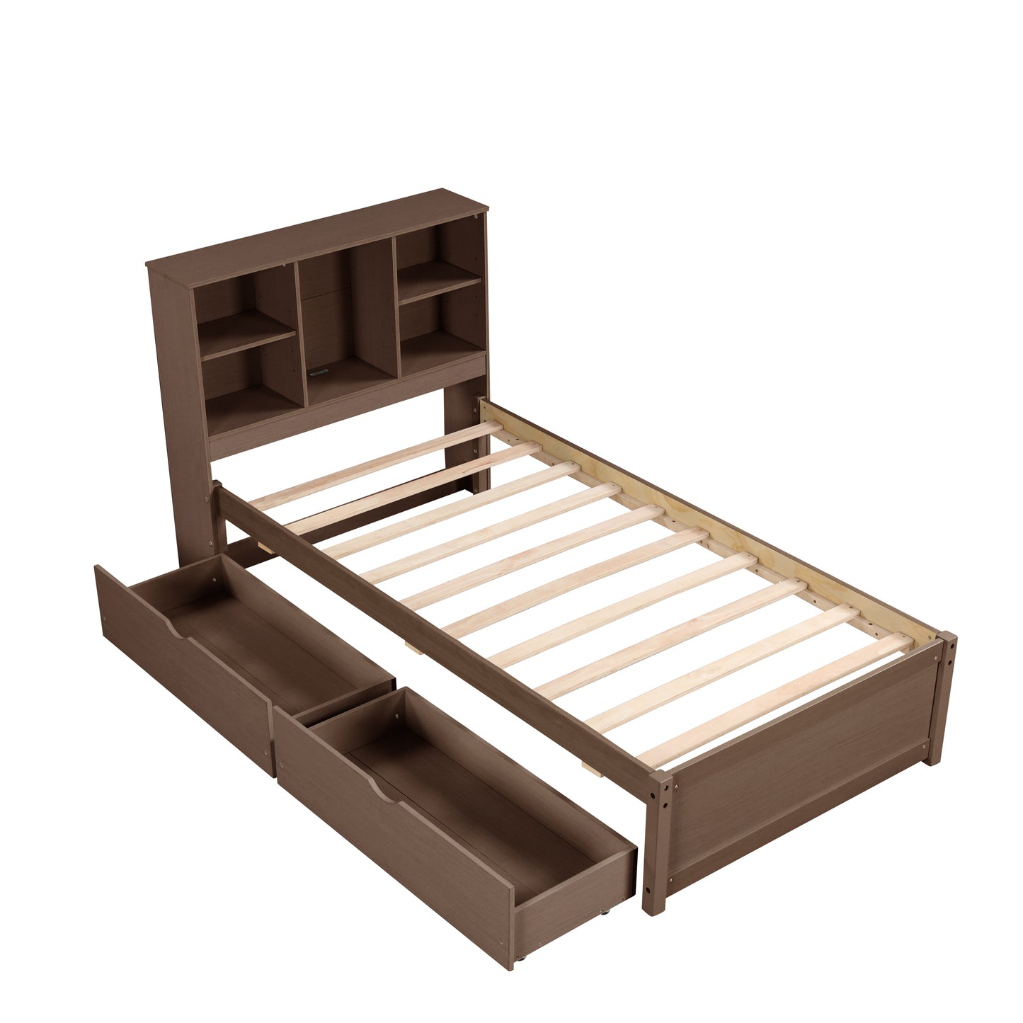 Modern twin bed frame with USB port, bookcase headboard, and drawers, walnut