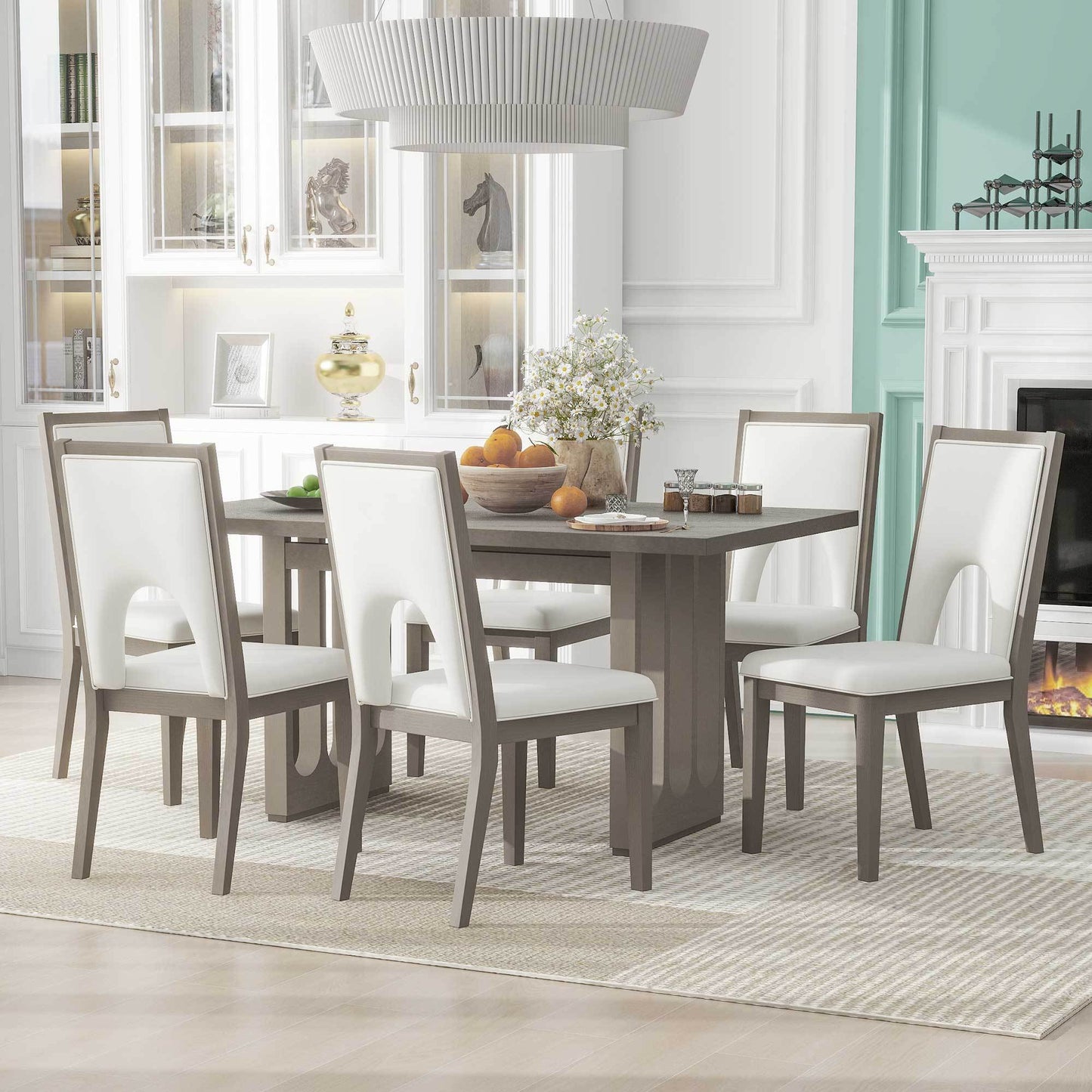 Wood dining table set for 6, grey table, beige upholstered chairs