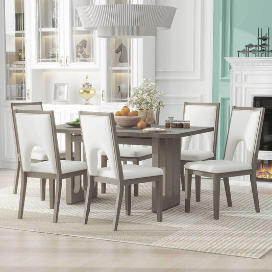 Wood dining table set for 6, grey table, beige upholstered chairs