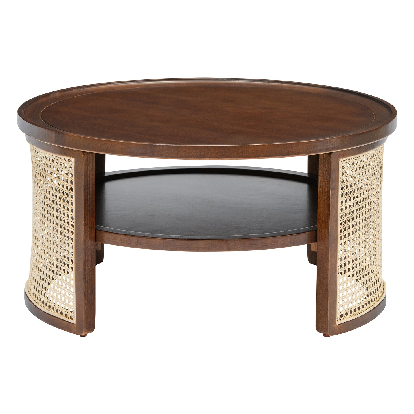 2-Tier Walnut Coffee Table with Rattan Base