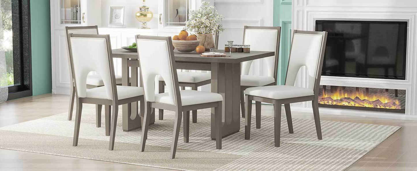 Wood dining table set for 6, grey table, beige upholstered chairs