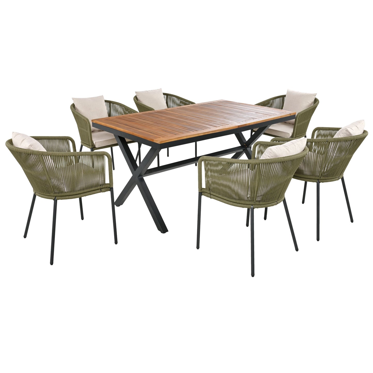 7-piece patio dining set with acacia wood tabletop, green