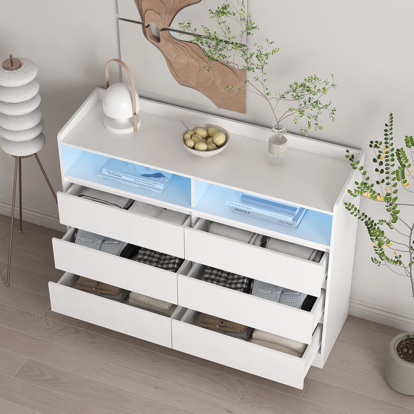 6-drawer white dresser with LED lights, modern design for bedroom or living space